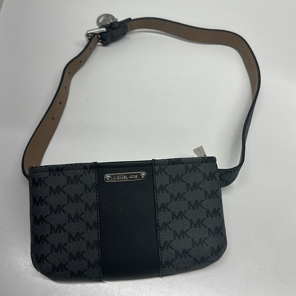Micheal Kors Logo Belt Bag Fanny Pack Adjustable Faux Leather MK Black Gray S/M - Picture 1 of 8
